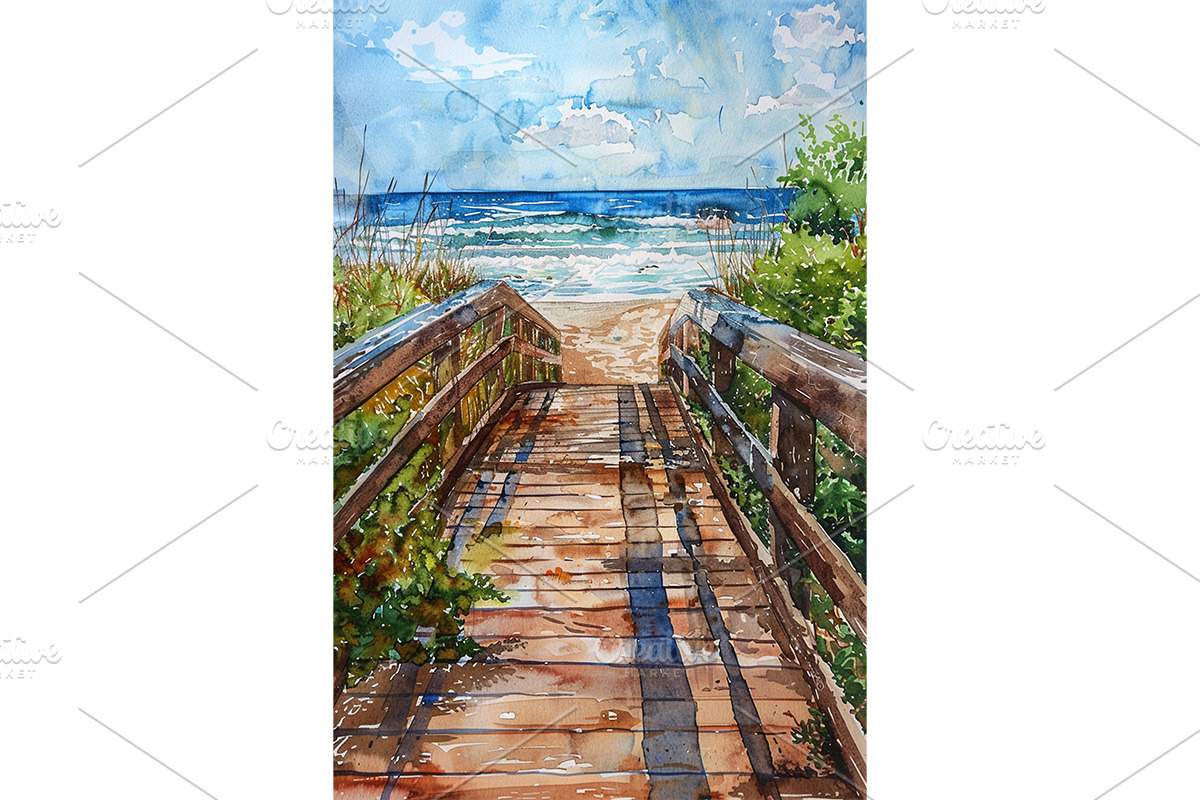 Beach Boardwalk Watercolor Print, a Decorative Illustration by Art Paradise Studios