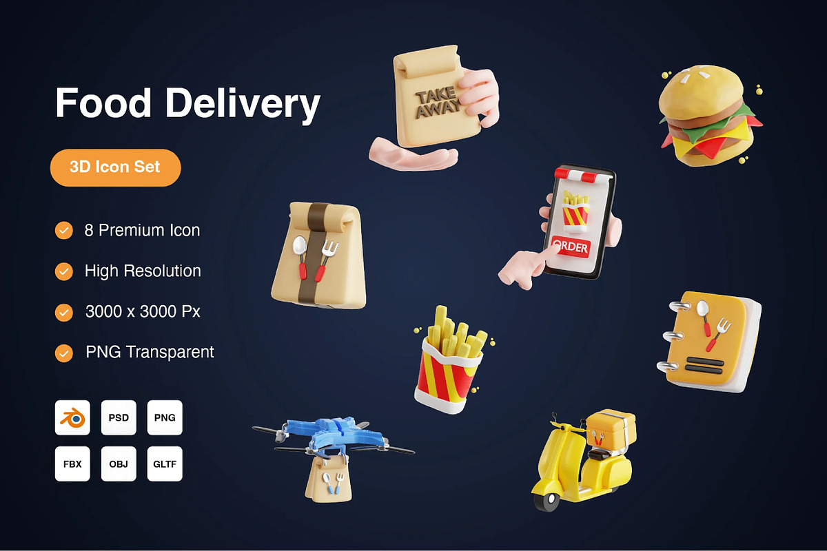 Food Delivery 3D Icons Set, a Food & Drink 3D Model by Kmg Design (Photo 1 of 2)