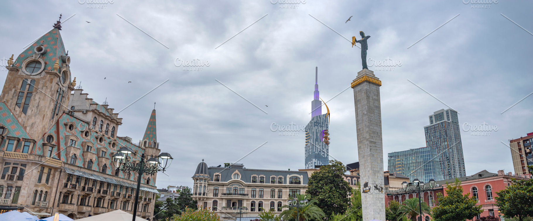 Europe Square architecture and Medea statue under cloudy sky in, a Photo by Pictures for you!!!!!!!!!