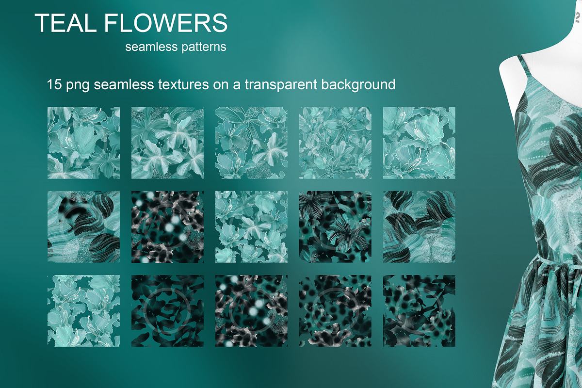 TEAL FLOWERS seamless patterns, a Pattern Graphic by ANAKOTO (Photo 3 of 13)