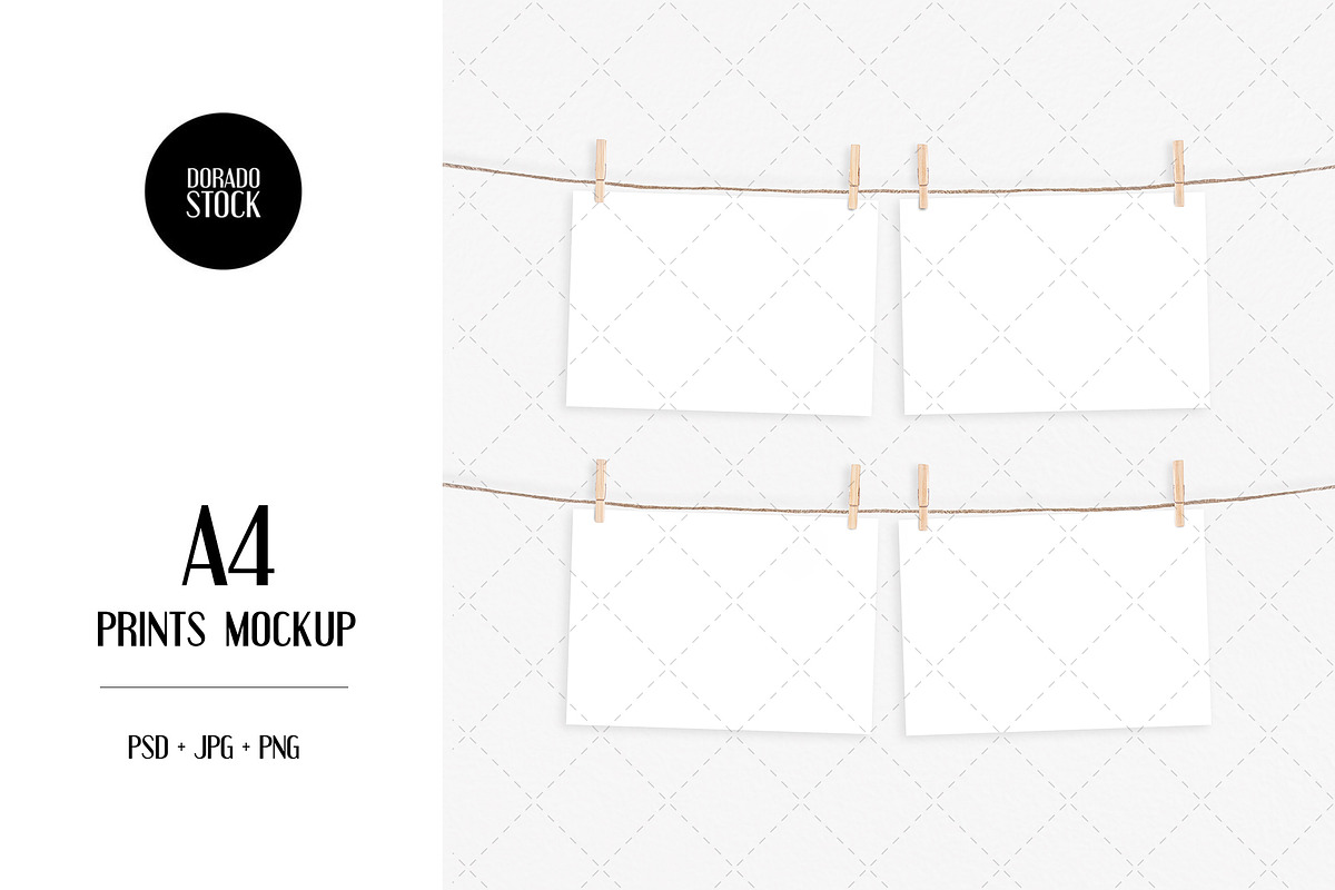 A4 prints mockup with clothespins, a Print Template by Dorado Stock (Photo 1 of 3)