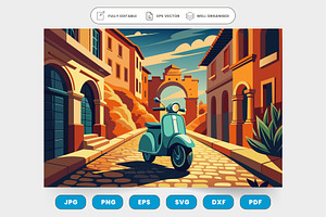 A vintage Vespa scooter zipping thro, a Graphic by SaroStock
