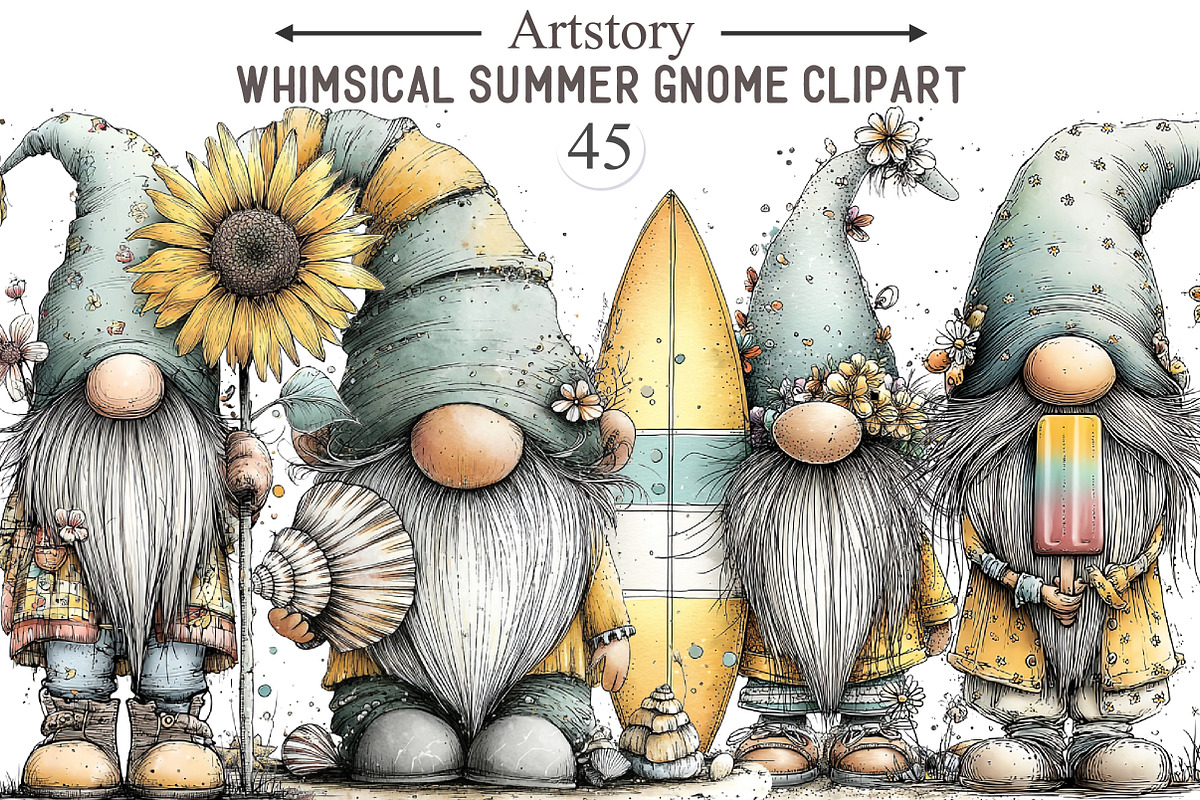 Whimsical Summer Gnome Clipart, an Illustration by designcity5 (Photo 1 of 5)