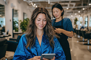 Woman using phone at hair salon happ, a Photo by Pixeness Studio