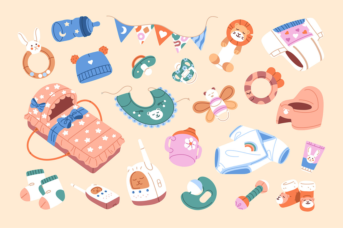 Cute baby items set + backgounds, an Object Illustration by PaperTrident (Photo 2 of 6)