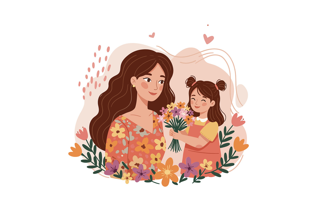 A woman and a girl joyfully sharing, an Illustration by designvectx