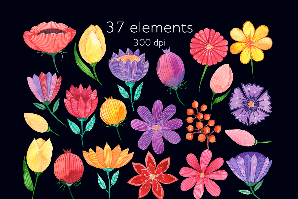 Colorful watercolor flowers clipart, a Decorative Illustration by AnastasiaWatercolor (Photo 3 of 7)