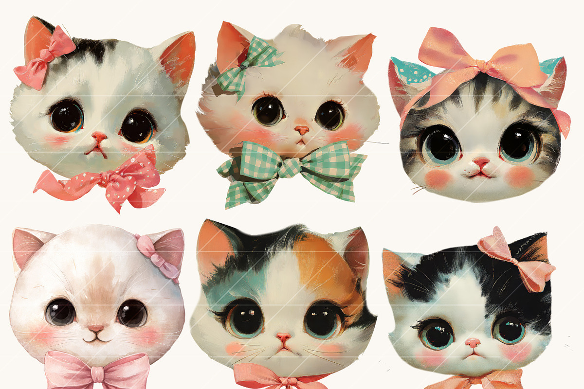 Watercolor Retro Cat Heads Clipart, an Animal Illustration by Design Scotch (Photo 3 of 8)