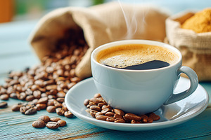 Steaming cup of black coffee on a, a Food & Drink Photo by MistyDay