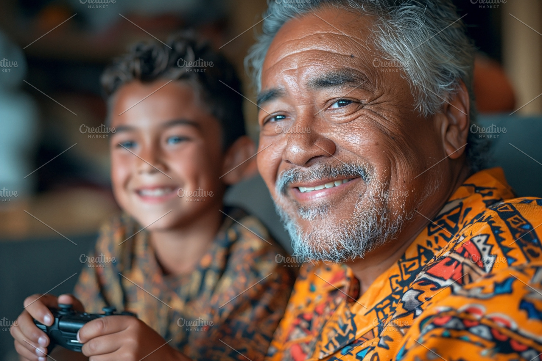 A joyful Hawaiian grandfather and his grandson engage in video g, a Person Photo by ImageMir