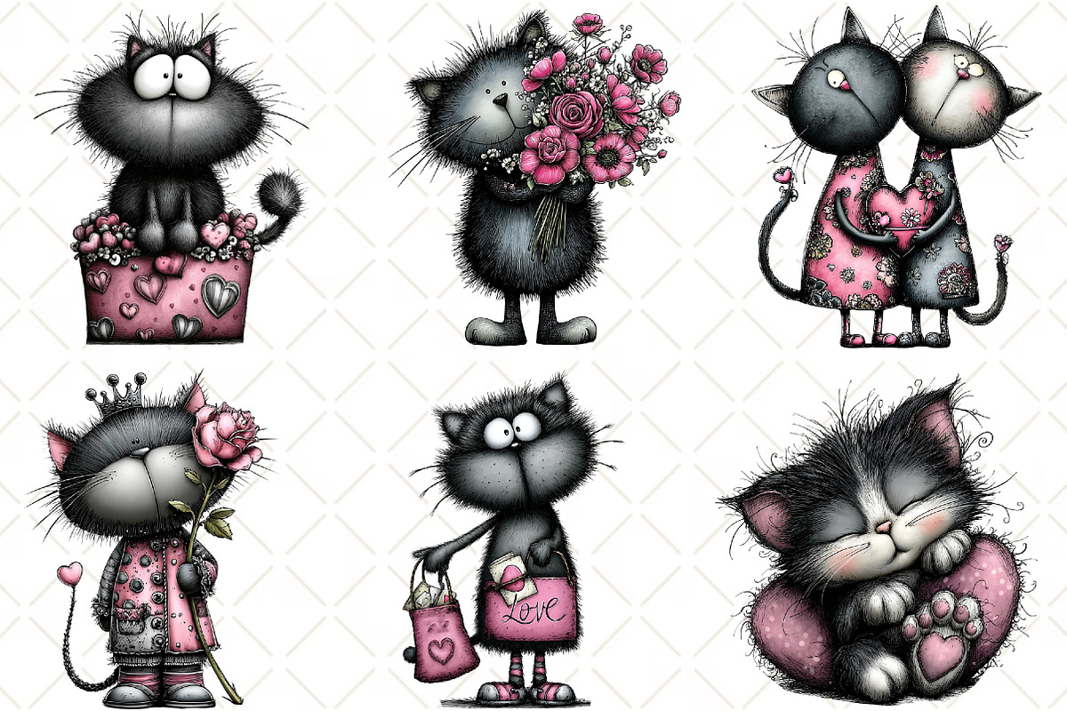 Whimsical Valentines Cat Clipart, an Animal Illustration by Black Bird Studio (Photo 5 of 6)