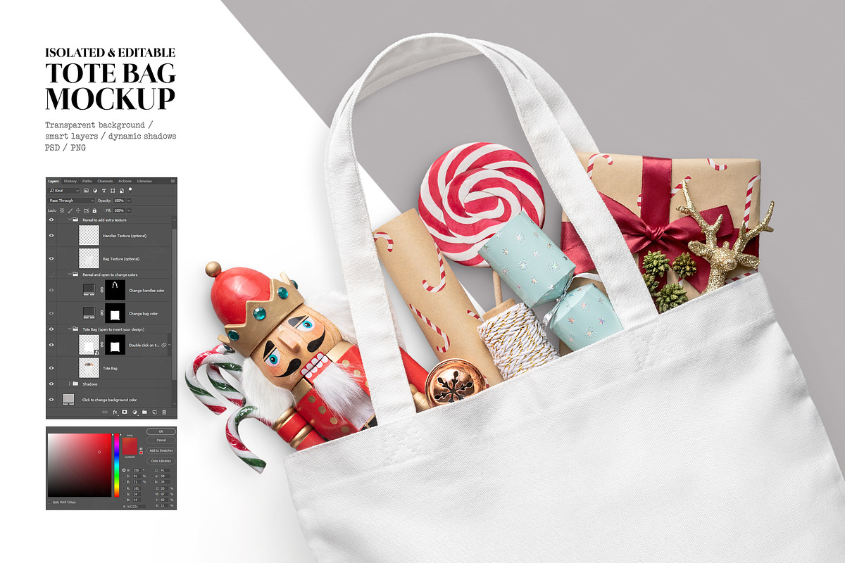 Isolated Christmas tote bag mockup, a Product Mockup by Make Beautiful Things (Photo 1 of 6)