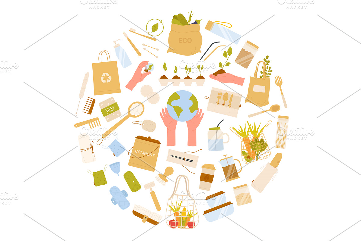 Eco-friendly zero waste concept with, an Object Illustration by Flashvector