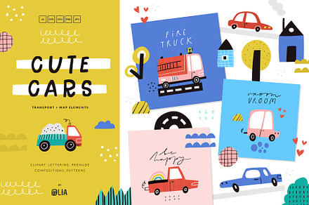 Cute Cars | Hand drawn clipart, a Transportation Illustration by Olia