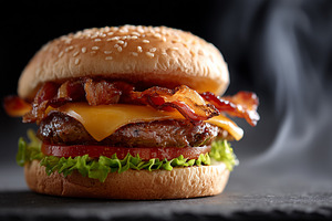 Juicy cheeseburger with crispy bacon, a Food & Drink Photo by MistyDay