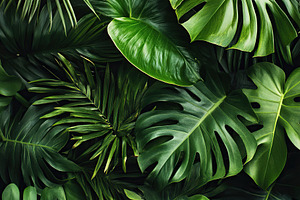 Lush tropical forest leaves create a vibrant green backdrop in a rainforest set, a Background Photo by AlyaAnd
