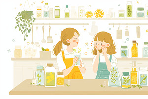 Illustrated kitchen scene with two girls making infused drinks and herbs, an Illustration by AS photostudio