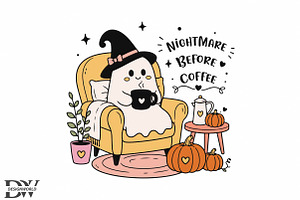 Cute Halloween Ghost with Coffee PNG, a Seasonal Illustration by Designworld