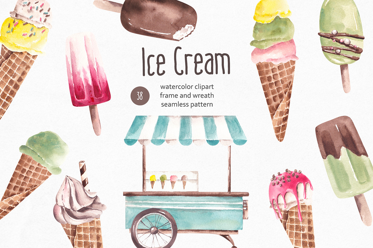 Watercolor Ice Cream Collection, a Food Illustration by YuliyaArtGarden (Photo 1 of 11)