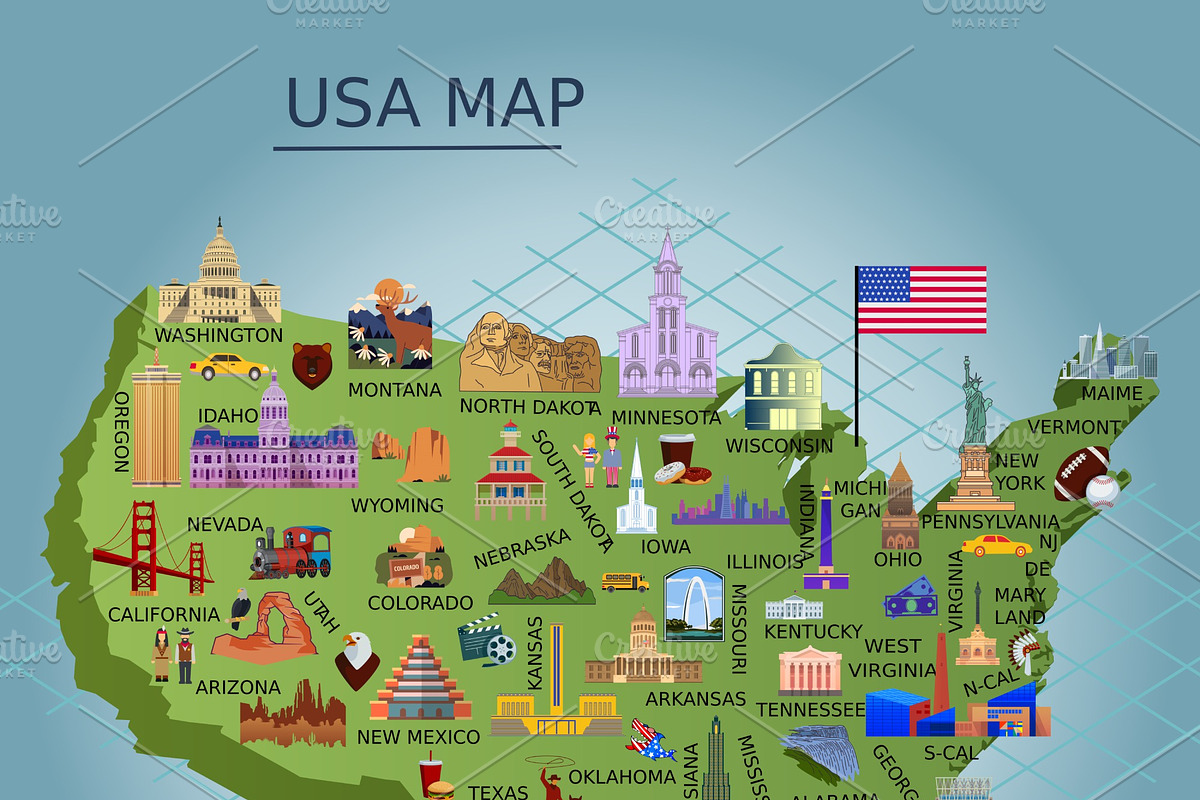 USA MAP Design | Cultural Elements, an Object Graphic by Artiverge