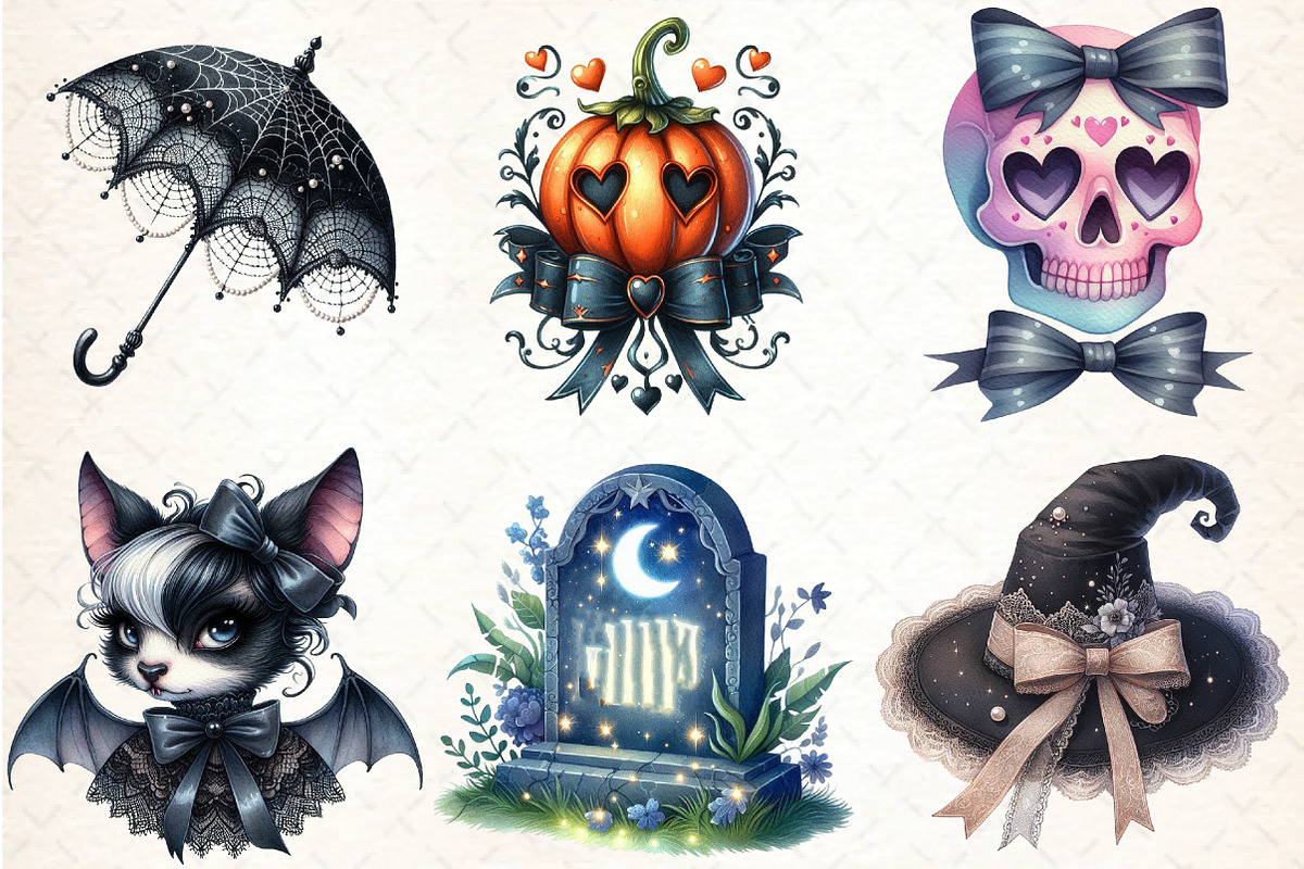 Gothic Coquette Halloween Clipart, an Illustration by DreamCafeArt (Photo 3 of 7)