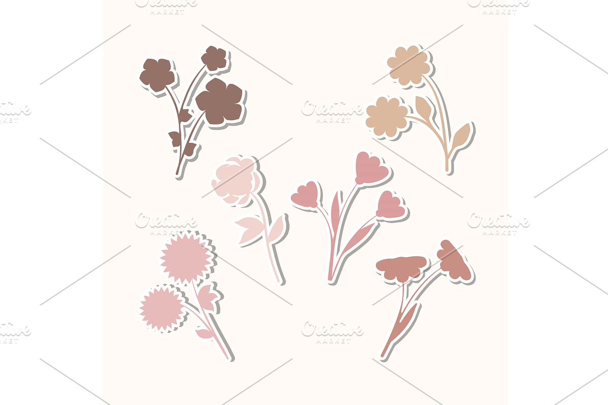 Stylized flower stickers set in soft, an Object Illustration by okskukuruza