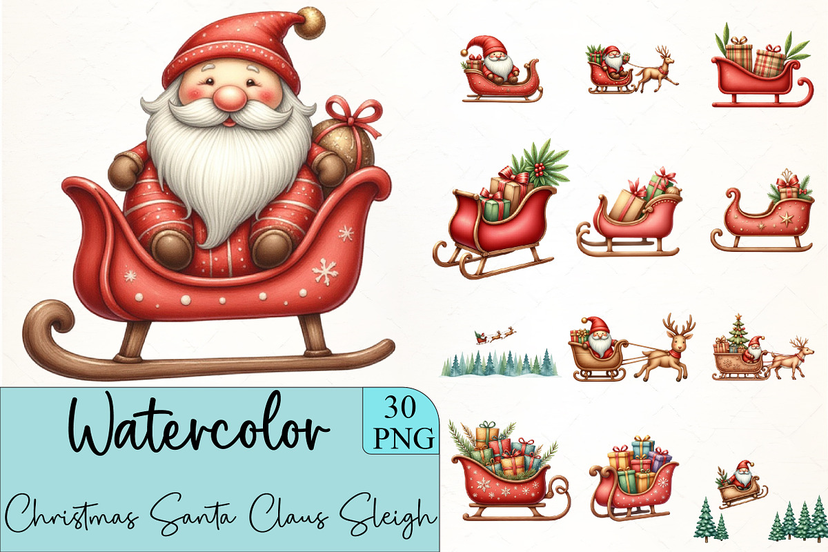 Christmas Santa Claus Sleigh Clipart, an Illustration by CrexoraLab (Photo 1 of 5)