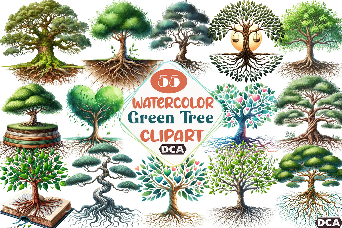 Green Watercolor Tree With Roots Cli, an Illustration by DreamCafeArt (Photo 1 of 7)