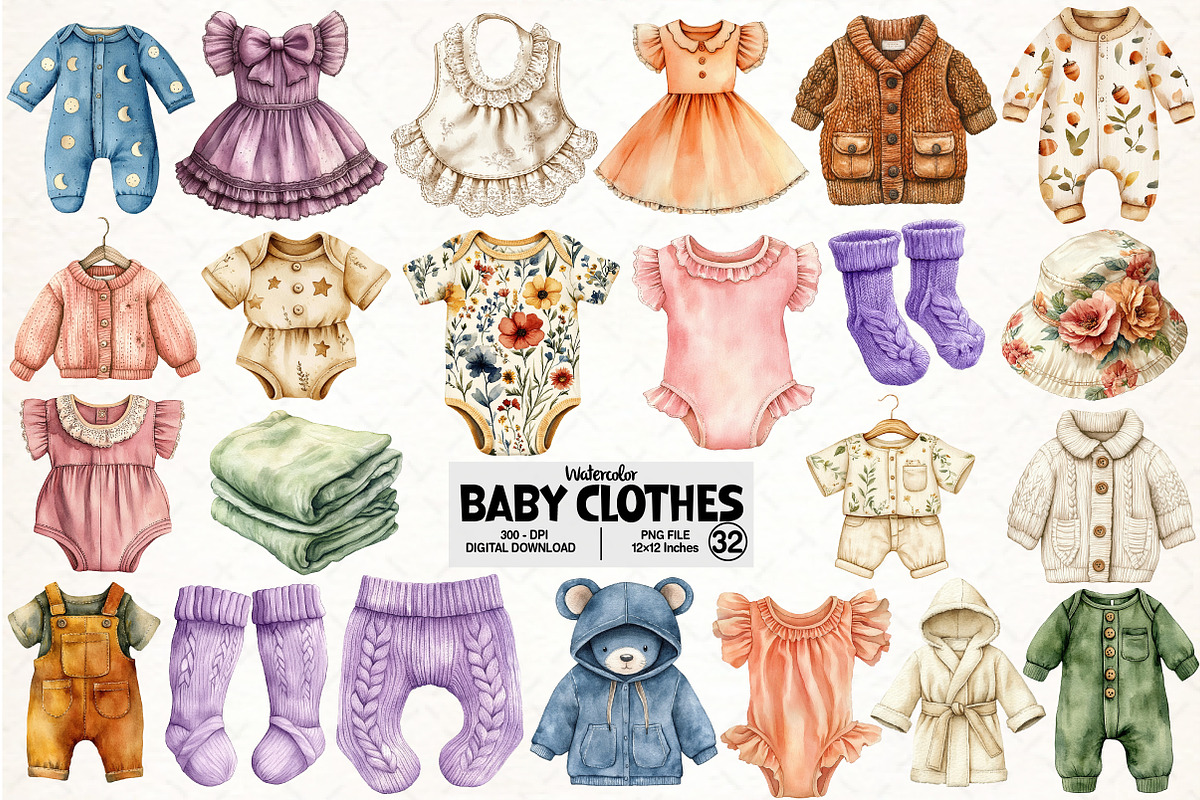 Baby Clothes Watercolor Clipart, an Illustration by Pixels.Craft (Photo 1 of 6)