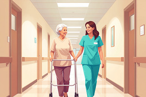 Healthcare worker walking with elderly patient at clinic, a Healthcare Illustration by DanFLCreativo