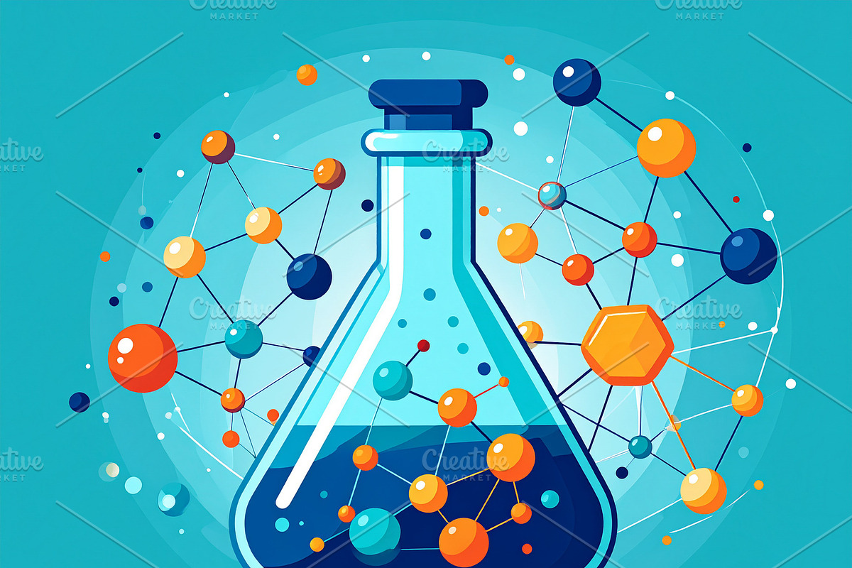Lab flask with floating geometric shapes inside suggesting data, a Technology Illustration by DanFLCreativo