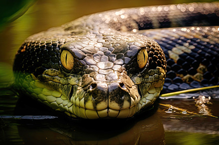 The head of an anaconda close up on a water background, an Animal Photo by zakiroff