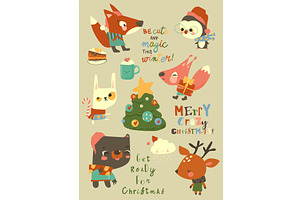 Cute Cartoon Christmas Set with, an Animal Illustration by Maria Starus