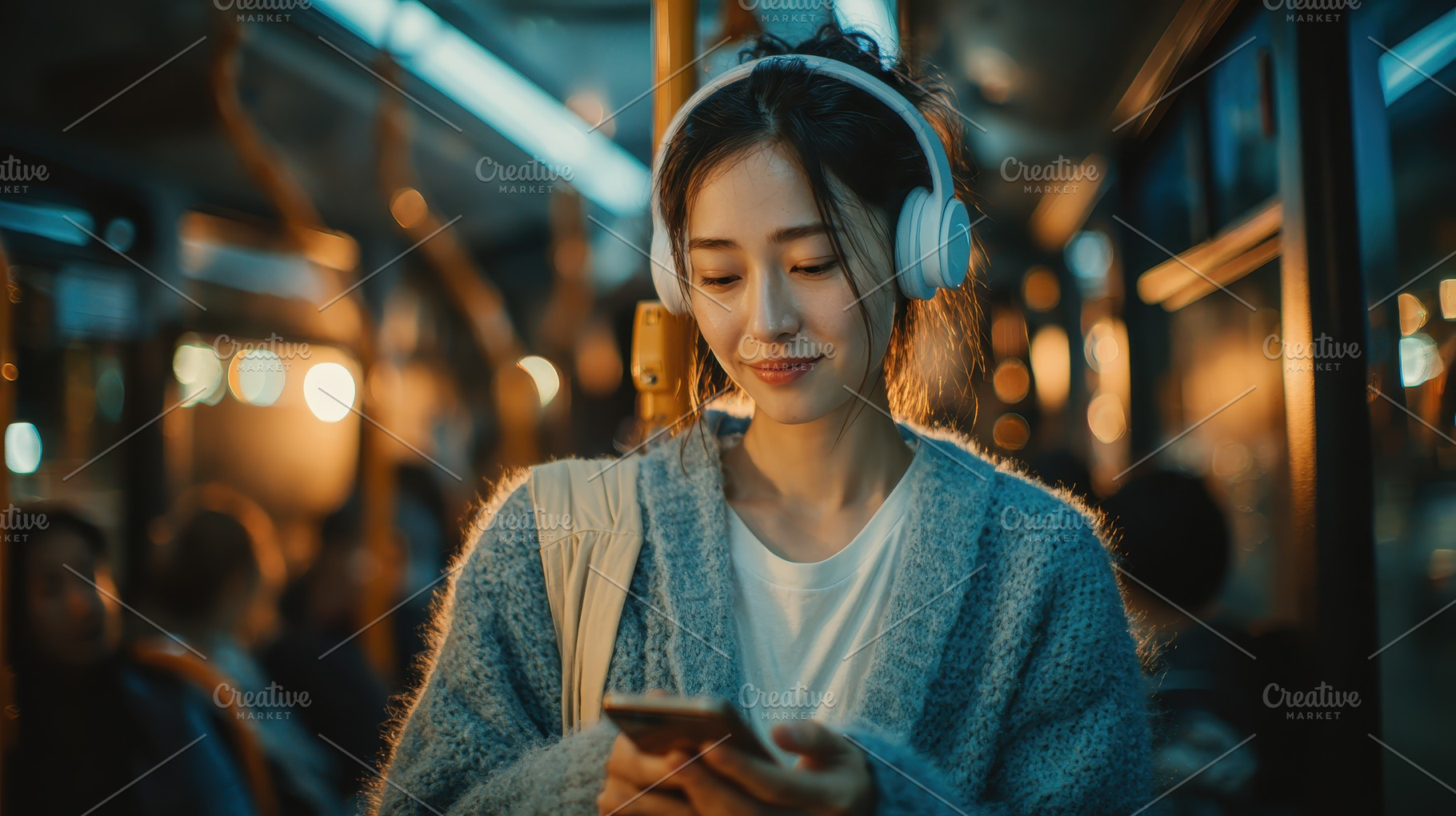 Woman on bus using phone wearing hea, a Photo by Pixeness Studio
