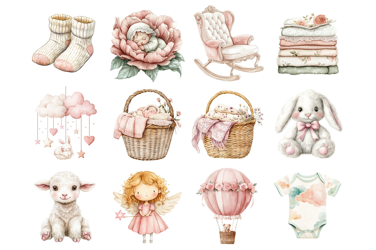 Watercolor Baby Birl Clothesline Cli, a Seasonal Illustration by Design Market (Photo 4 of 6)