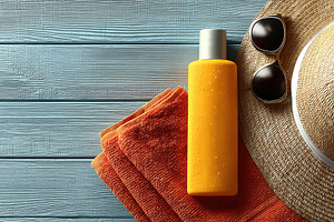 Summer sunscreen bottle with beach towel, straw hat and sunglass, a Beauty & Fashion Photo by José Manuel Gelpi