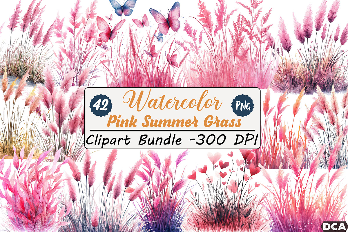 Pink Summer Grass Clipart, an Illustration by DreamCafeArt (Photo 1 of 7)