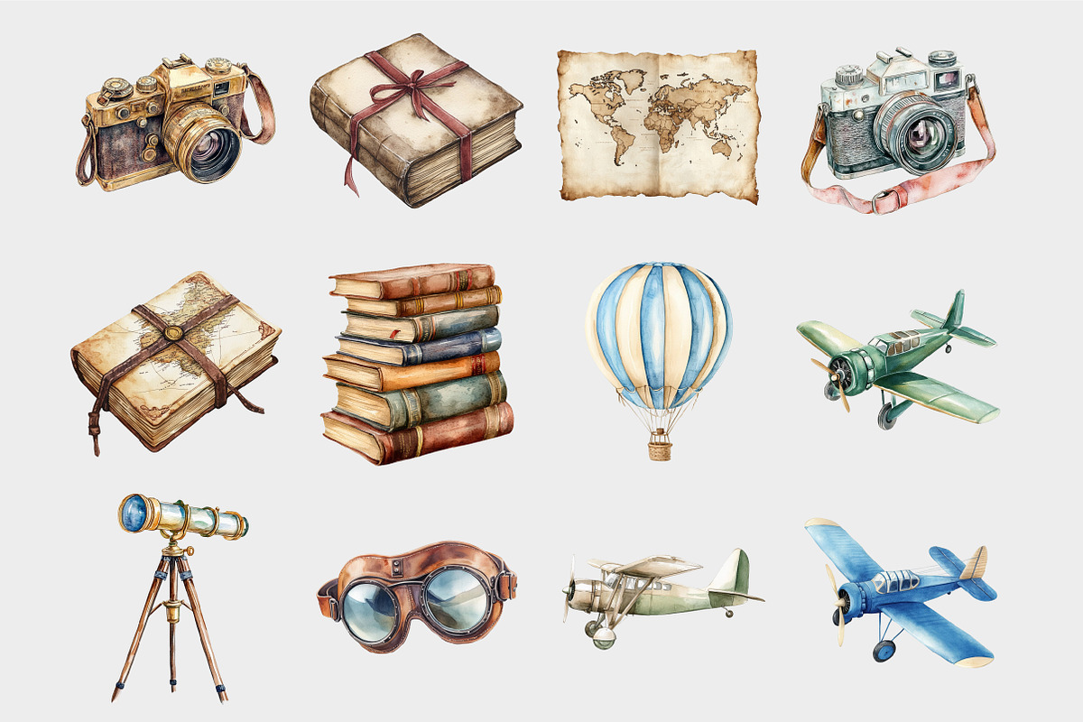 Watercolor Vintage Travel Clipart, a Seasonal Illustration by Design Market (Photo 4 of 5)