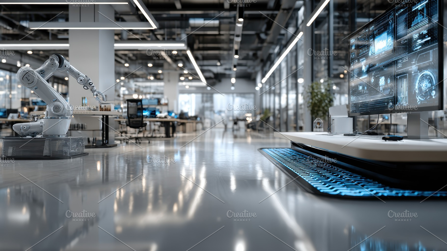 Robotic Arm in Modern Tech Office Fu, a Photo by Pixeness Studio