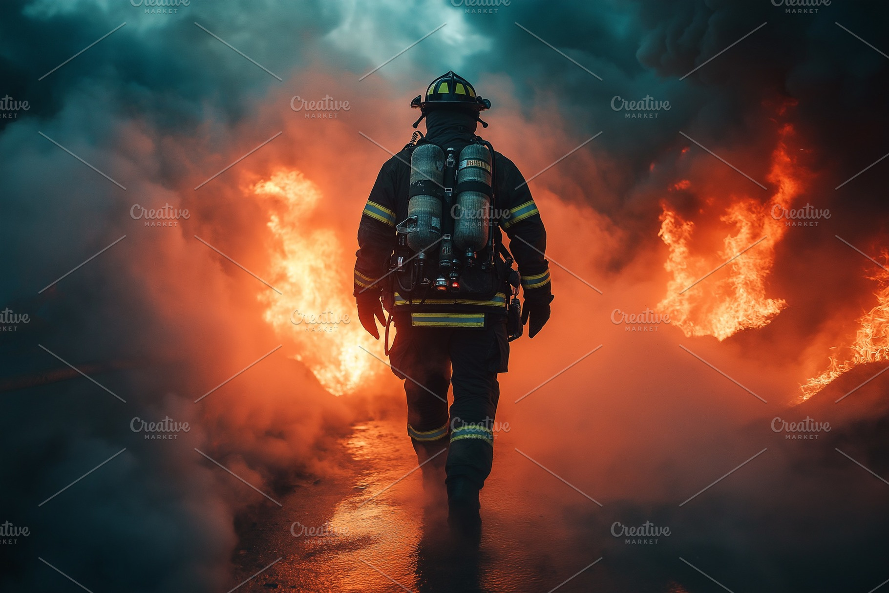 A male firefighter in full gear walks confidently towards flames, embodying bra, a Person Photo by ImageMir