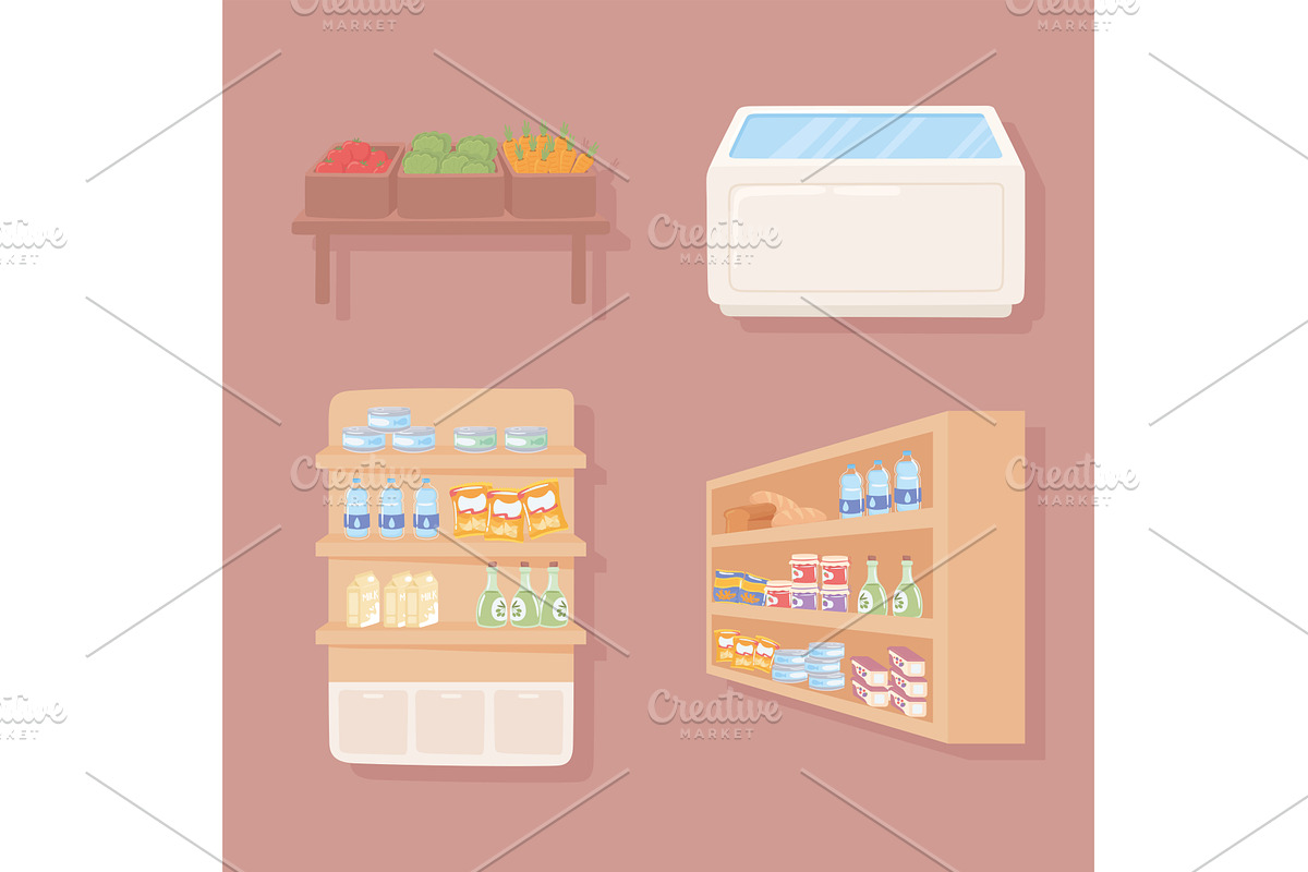 grocery shelf and fridge, a Food Illustration by studiogstock