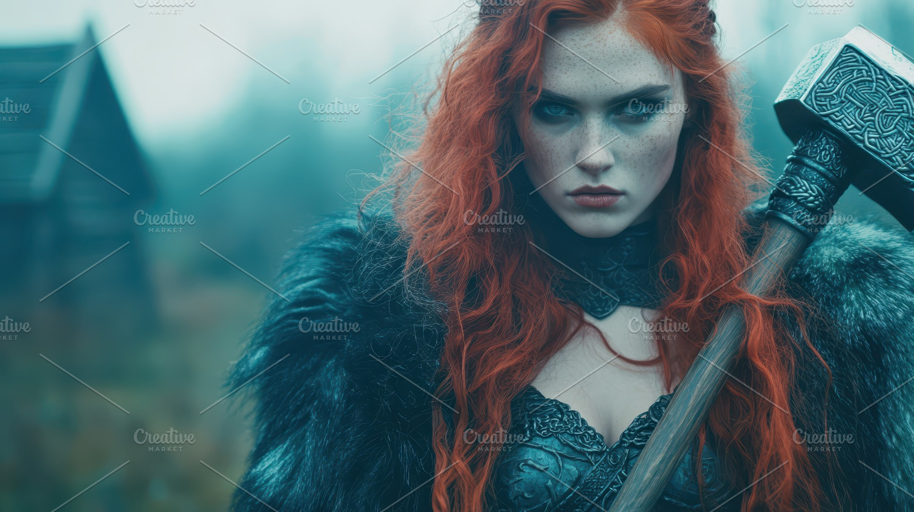 Red-haired Viking woman holding a large hammer, in a fur cloak, stares fiercely, a Person Photo by Mashimara