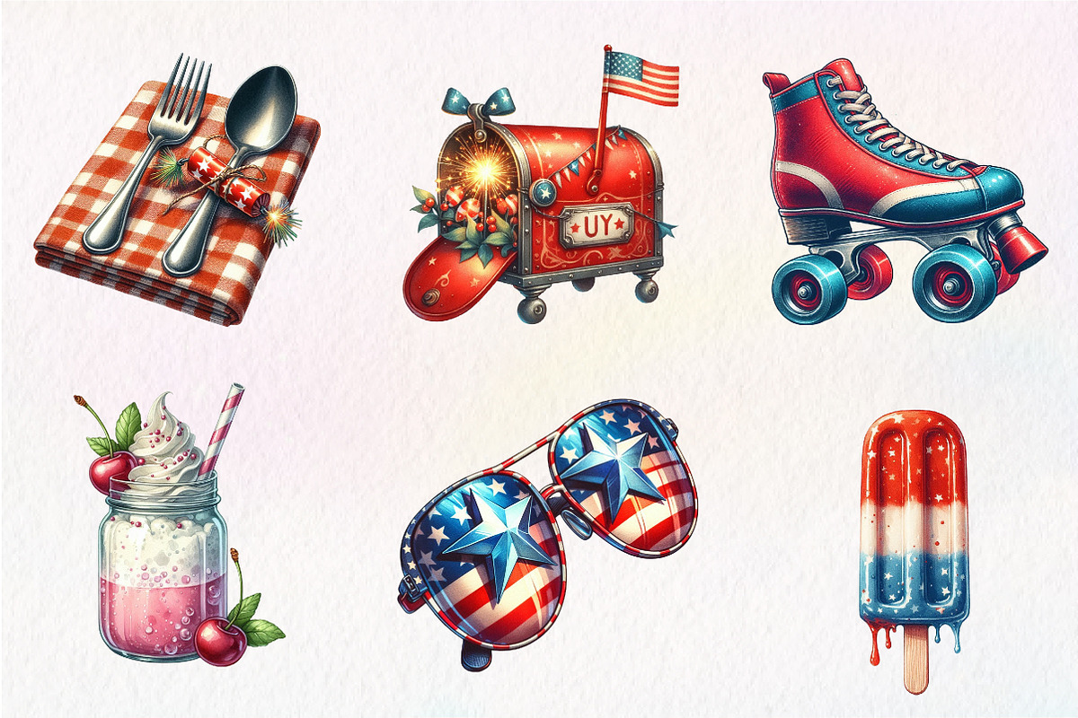 Watercolor Retro 4th of July Clipart, an Illustration by CreationArt (Photo 8 of 9)
