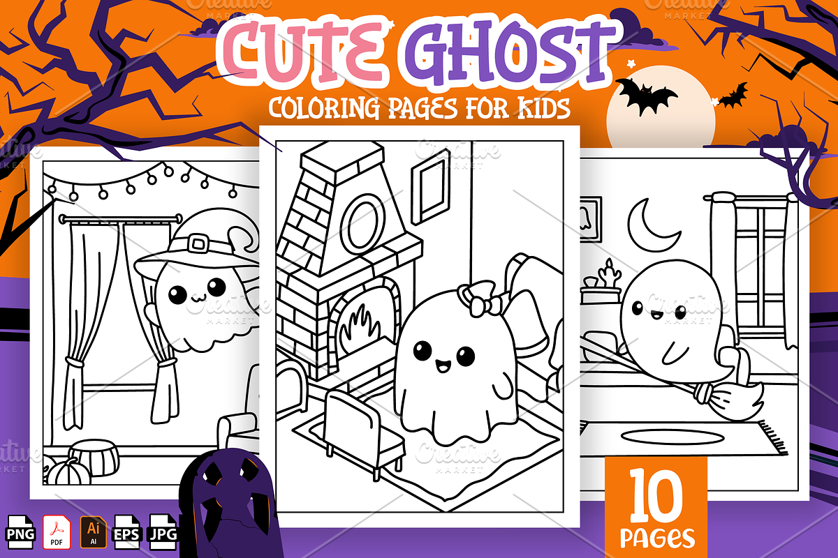 Cute Ghost Coloring Pages for Kids, a Seasonal Illustration by MK.CreativeHub (Photo 1 of 3)