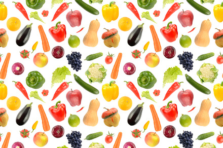 Seamless pattern of vegetables, fruits and berries isolated on w