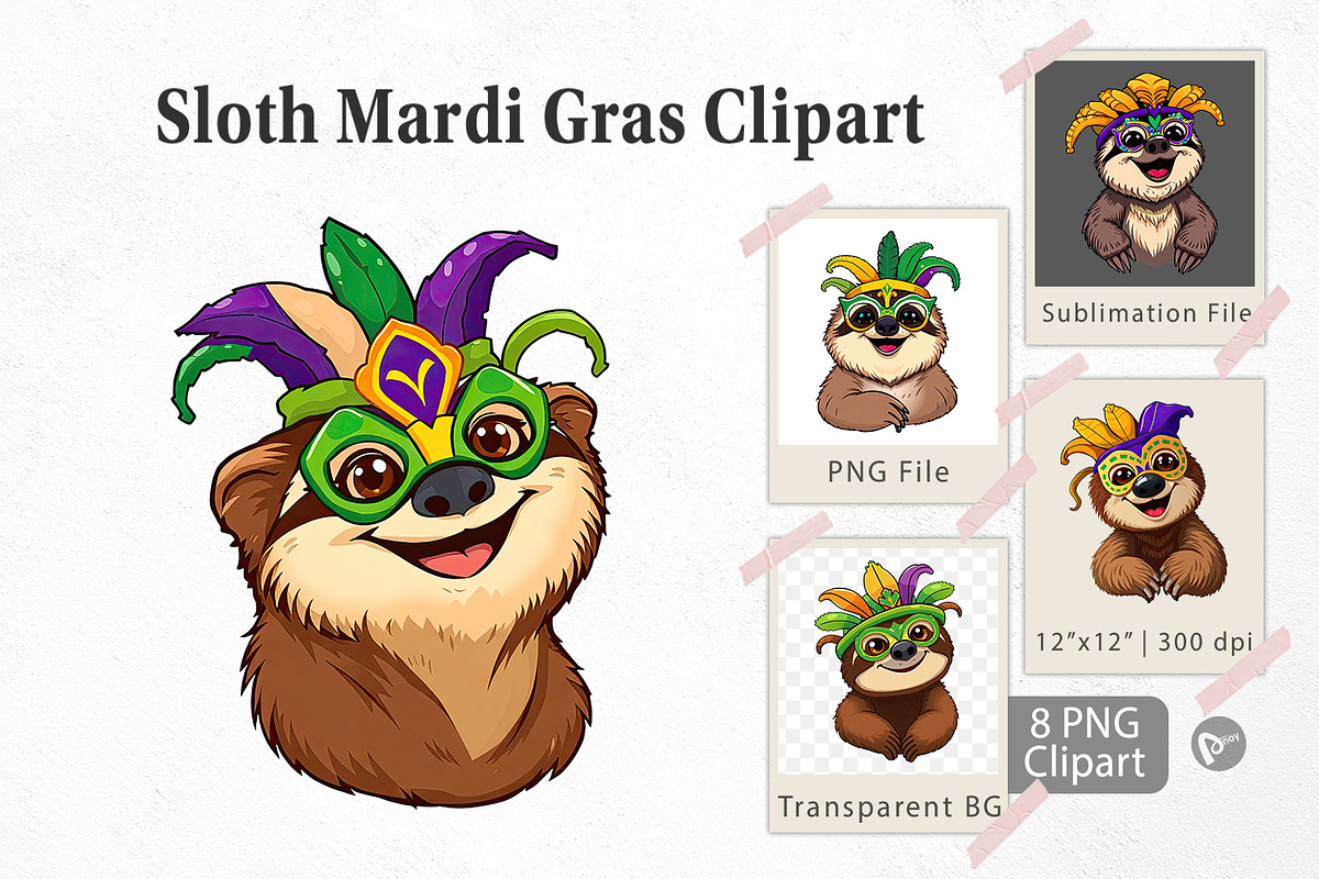Sloth Mardi Gras Clipart, a Graphic by Artnoy (Photo 1 of 5)