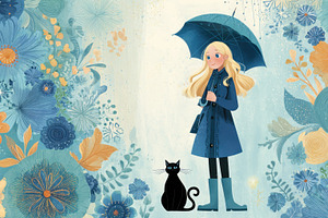 Girl, black cat, blue umbrella, a Photo by Beautiful things