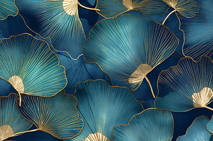Ginkgo biloba abstract top view in blue golden colors, line desi
