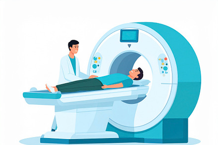 Mri in room with a patient lying still inside the machine illust, a Healthcare Illustration by DanFLCreativo