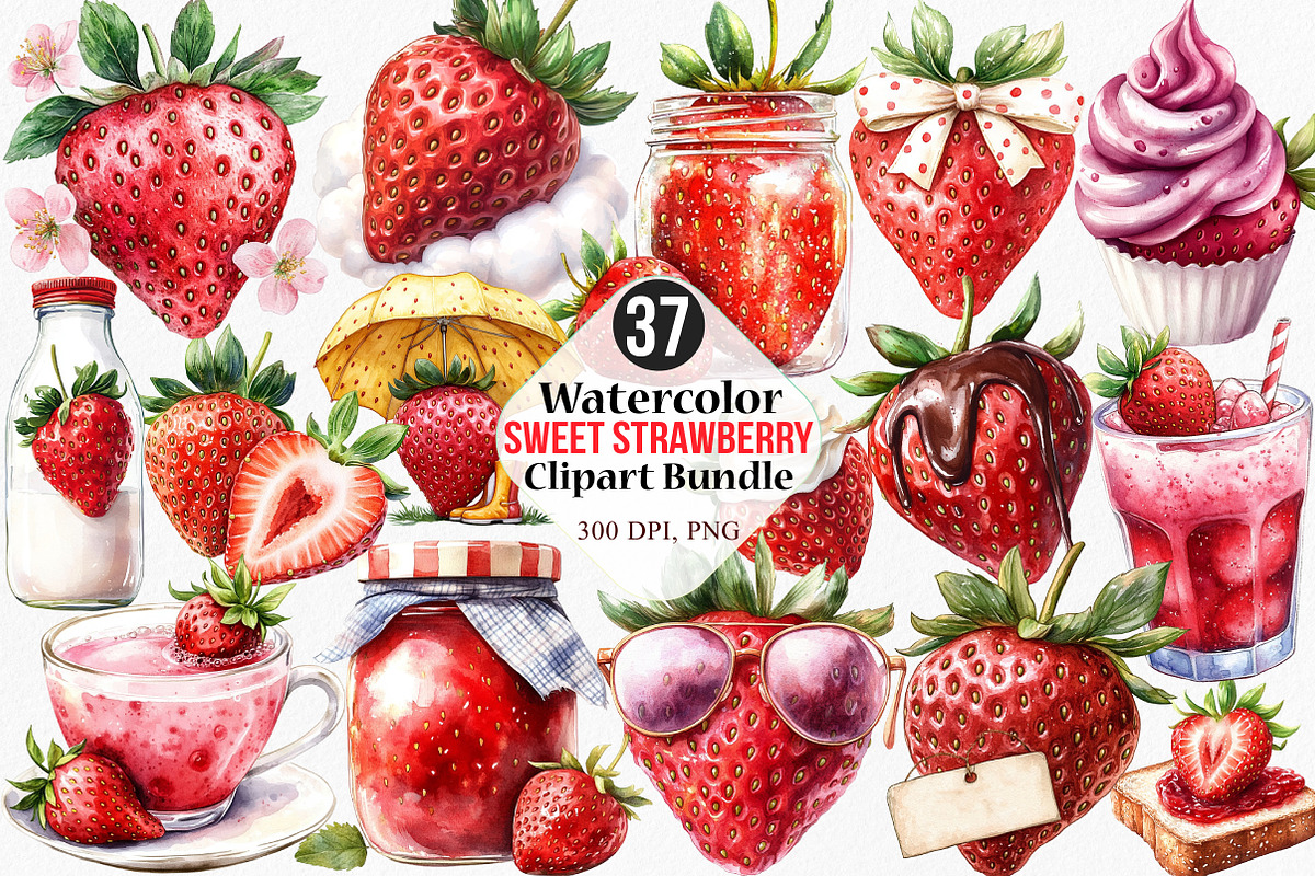 Watercolor Sweet Strawberry Clipart, an Illustration by Canvas Craft (Photo 1 of 8)